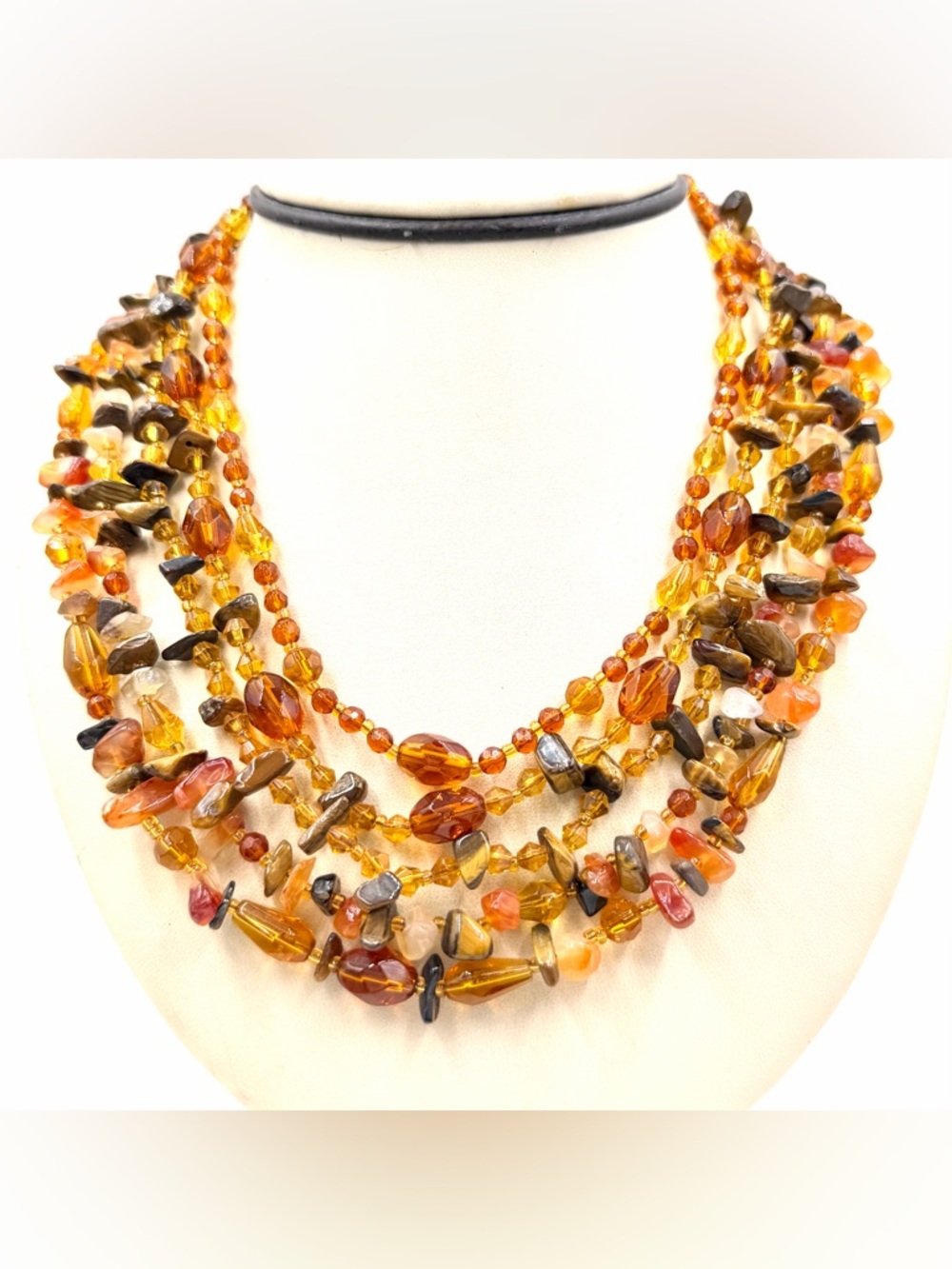 Vintage Monet Tiger's Eye Agate Amber Colored Stones 5 Strand Necklace